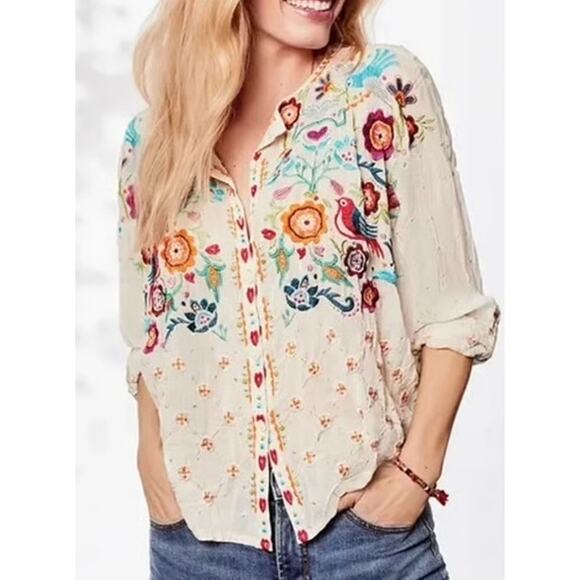 Johnny Was Tops - JOHNNY WAS Brady Embroidered Button-Down Top Cream Sz Medium